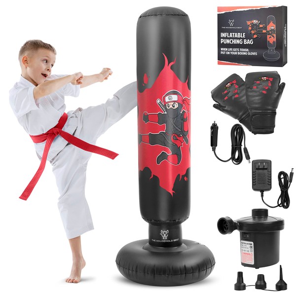 THB Inflatable Punching Bag for Kids, 63" Freestanding Ninja Boxing Bag Including Electric Air Pump with Gloves for Practicing Karate, Taekwondo, MMA (Black)