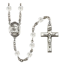 St. Joshua Silver-Plated Rosary 6mm April Crystal Fire Polished Beads Crucifix Size 1 3/8 x 3/4 medal charm