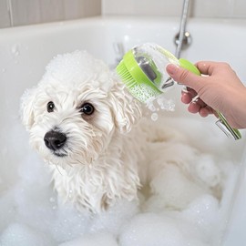 RUIFANDAHK Pet Bath Brush with Shampoo Dispenser - Silicone Massage Grooming Tool for Cats & Dogs, Long Handle Dog Cat Bath Brush for Wet/Dry Use Green (ABS + Food-Grade Silicone, 7.5")