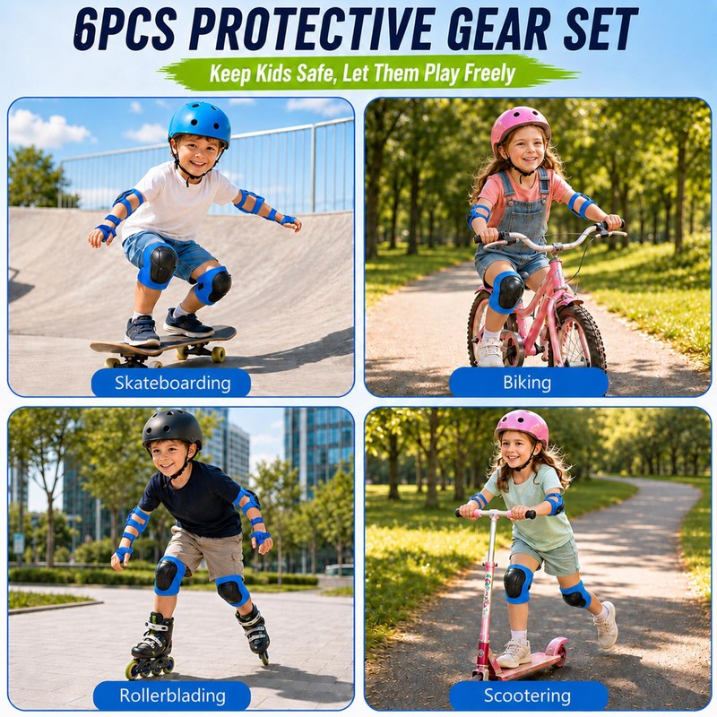 Lafefe 6PCS Blue Kids Protective Gear Set Knee Elbow Wrist