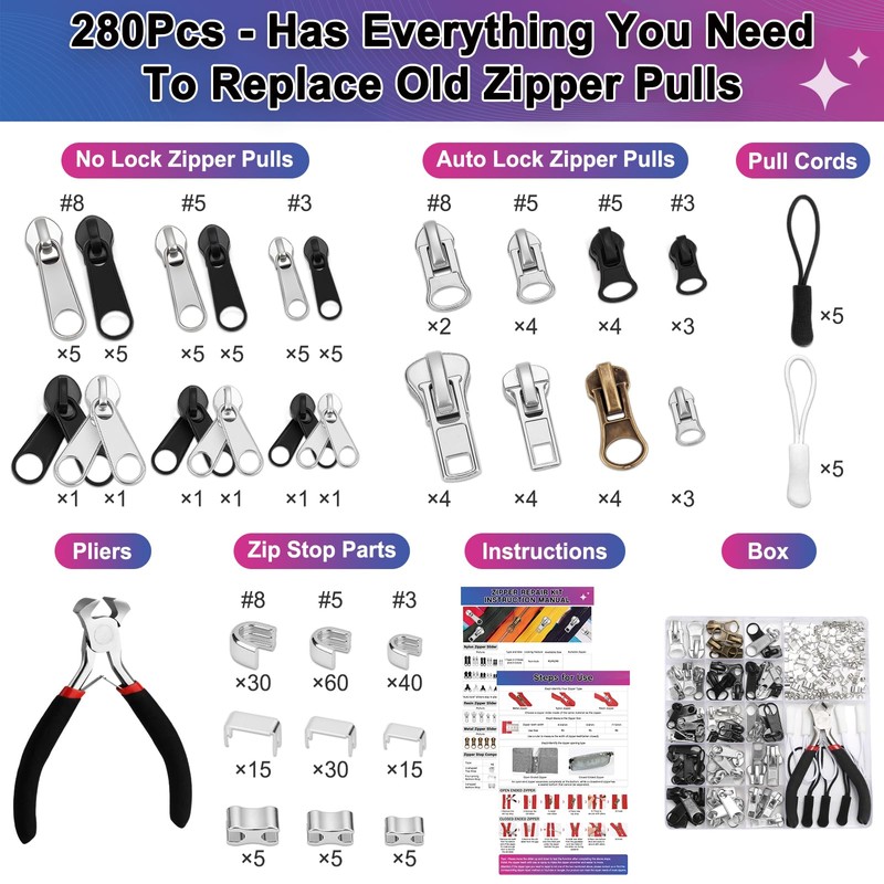 MAPVOLUT 280-Piece Universal Zipper Repair Kit - Fix Jackets, Luggage,