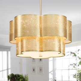 Shrine Lighting Chandeliers, Modern Design, Perfect Drum Pendant Light for Dining Room, D17.3'' × H9.4'', Adjustable 35'', 4 x E12 Sockets, Two Cloth Gold Lampshades & Gold Frame Finish