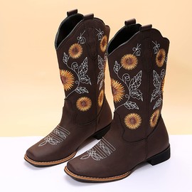 gloryinterest Cowboy Boots for Women Mid Calf Cowgirl Western Boots Sunflower Embroidery Stitched Square Toe Low Heel Black Brown Yellow US6-10.5, brown, 44