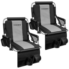 VIVOHOME Stadium Seats with Back Support and Cushion, 2 Pack Portable Bleacher Chairs with Cup Holder, Storage Bags and Shoulder Strap, Black and Gray