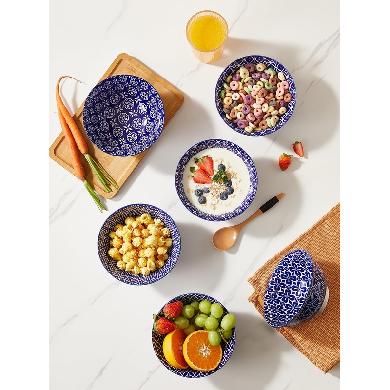 Metahom Ceramic Cereal Bowls, 23 Oz Blue and White Bowls,