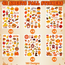 LINAYE 48 Sheets Fall Stickers for Kids, 1440 PCS Autumn Leaves Pumpkin Thanksgiving Stickers Small, Fall Party Favors for Kids, Fall Stickers Bulk for Crafts Scrapbooking,Water Bottles,Envelopes