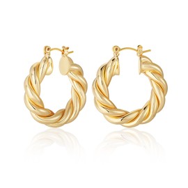 Gold Chunky Hoop Earrings for Women, 18 Carat Gold-Plated Hypoallergenic Twisted Thick Round Hoop Earrings Jewellery Gifts, Brass, No Gemstone