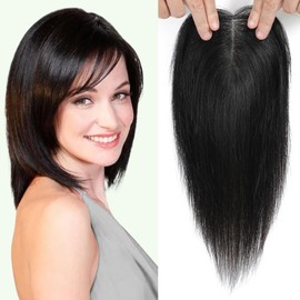 Swiss Base Real Human Hair Toppers for Women with Thinning Hair - No Bangs, 10Inch Natural Black