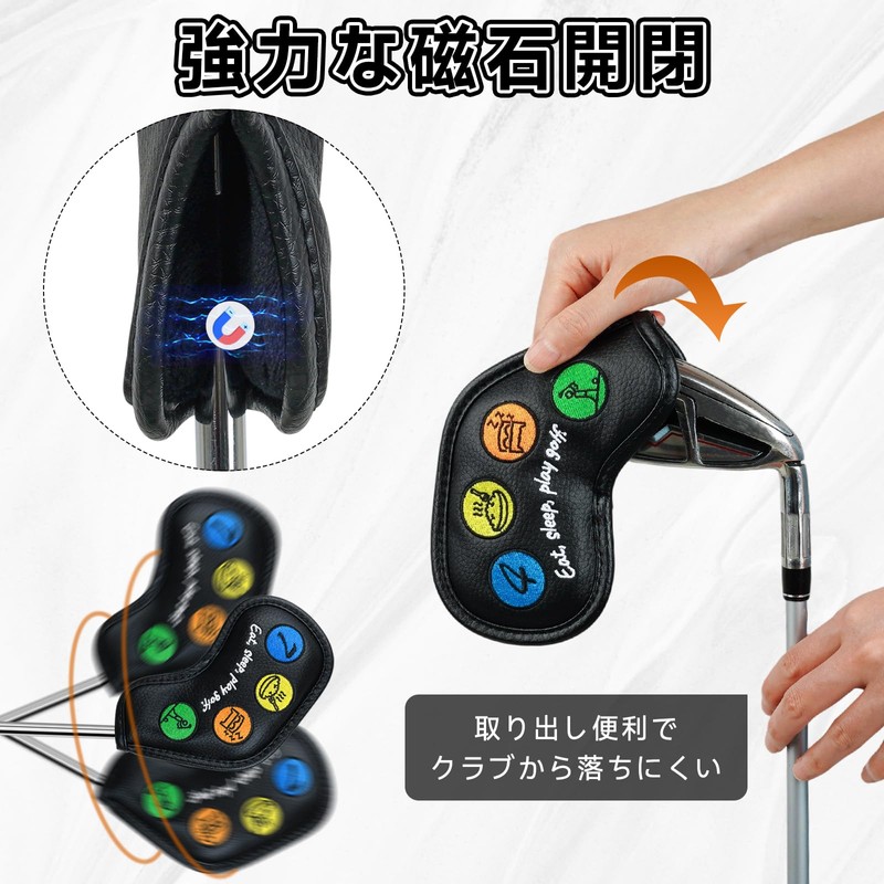 ゴルフアイアンカバー マグネット ウェッジカバー クラブヘッドカバー セット 10枚(4-9,P,A,S,L) 黒い合成皮革 かわいいパターン