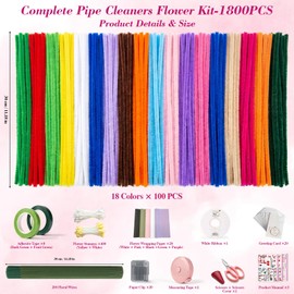 1800 PCS Pipe Cleaners Craft, Pipe Cleaner Flower Kit, 18 Colors Pipe Cleaners Bulk, Pipe Cleaners Flowers for Family Fun & Creativity, Holiday & Room Decorations, Art and Craft Supplies