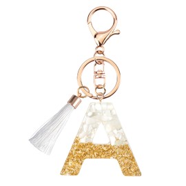 Suweibuke Cute Beige Key Chains for Women Girls, Initial Letter Keychains with White Tassel, Charms for Key Handbags Backpacks (A)