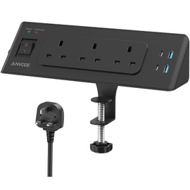 Desk Power Socket with USB C，ANVODE 3 Way Plug Extension Socket with 4 USB, Desk Extension Lead 2M with Switch, Surge Protecion Multi Plug Extender for Home Office