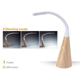 PureOptics LED Flexible Desk Lamp with Wood Grain Base, 3 Dimming Levels, USB Charging Port (VLED1701-W)