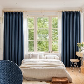 HUTO Full Blackout Pinch Pleat Curtain for Bedroom, Faux Linen Thermal Insulated Extra Wide Sunblock Drape with Tieback for Patio, Children's Room Denim Blue, 72 Inch Wide by 84 Inch Long, 1 Panel