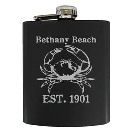 R and R Imports Bethany Beach Delaware Engraved Design Souvenir 7 oz Engraved Steel Flask Matte Finish Black 2-Pack