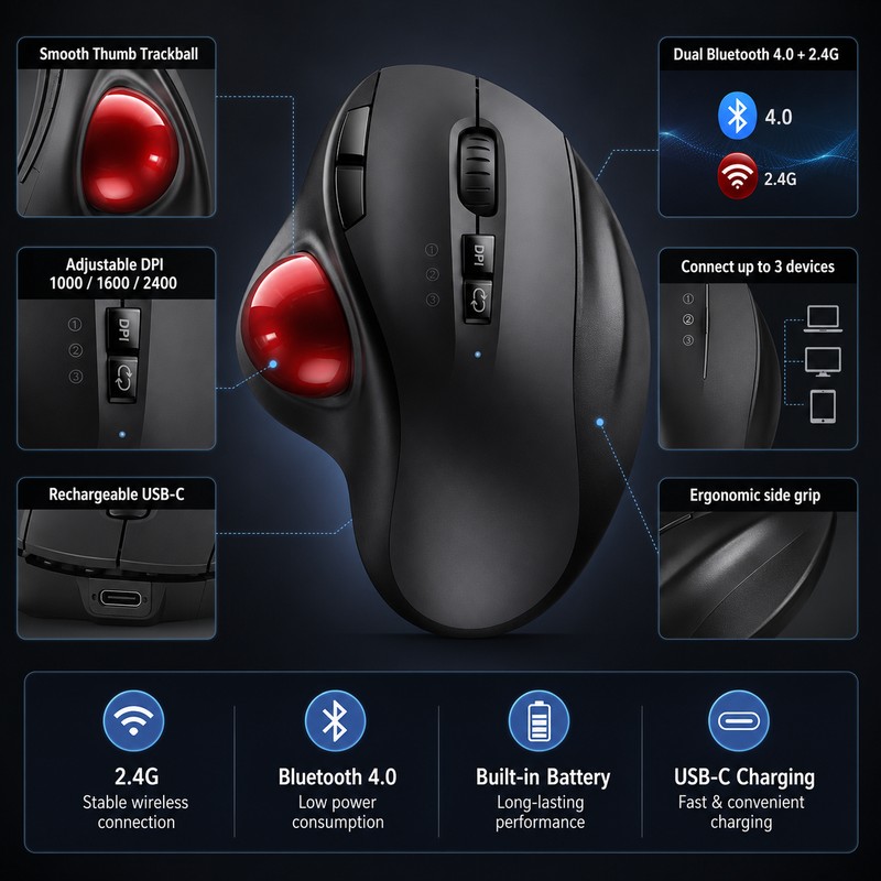 Wireless Trackball Mouse with Dual Bluetooth & 2.4GHz – Rechargeable