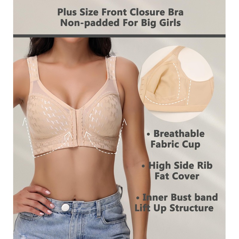 Oscrenia Full Coverage Front Closure Bra Wireless Plus Size for