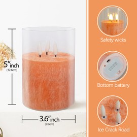 DEVSYWAX LED Flameless Pillar Candles Battery Operated 5" 3-Wick Orange Ice Crack Real Wax Unscented Candles with Remote Timer and Flickering for Home Dinner Wedding