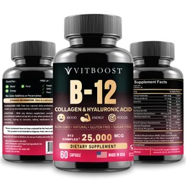 B12 with Hyaluronic Acid, Collagen and Folate – 25000 mcg B12 Complex | Maximize Absorption & Energy | Gluten Free USA Made, B1, B2, B3, B6, B7, B12 vitamins 5000 mcg Methylcobalamin - 60 Capsules