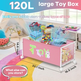 Large Toy Box Storage, Kid Toy Chest with 360° Wheels, Oxford Cloth Metal Toy Box for Boys, Girls, Stuffed Animals, Clothes, Bedroom, Living Room