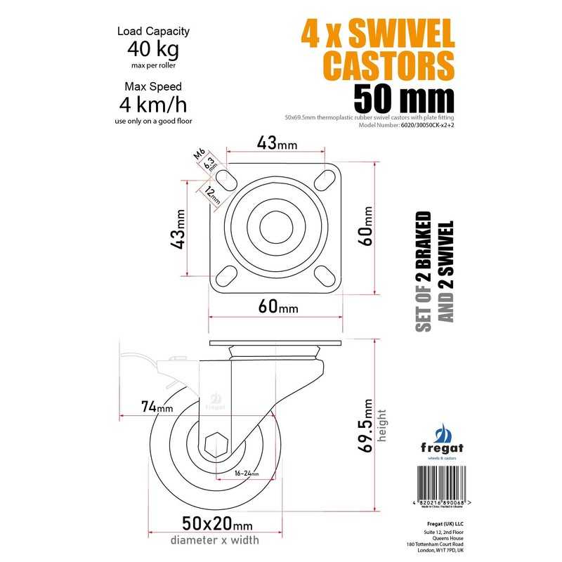 50mm Set of 4 Swivel Castors with Plate Fitting (TPR