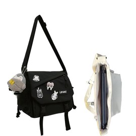 Cute Crossbody Bag, 15.6 Inch laptop messenger bag for women, Aesthetic Shoulder Bag with Cute Pins and Ornament Black