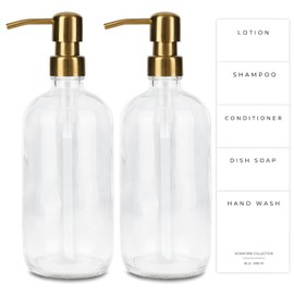 Emerson Essentials Soap Dispenser, Dish Bottles for Kitchen - Soap Bathroom Set, Glass Bottle Dispenser with Pump and Labels, 16 Oz | 2-Pack