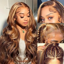 Honey Blonde Ombre Lace Front Wig Human Hair Highlight Wig Human Hair 4/27 Colored Body Wave HD Lace Front Wigs Human Hair Pre Plucked 180 Density Glueless 13X6 HD Lace Frontal Wig for Women(22 Inch)
