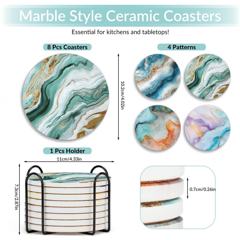 RUITENG 8 Pack Ceramic Marble Coaster with Holder, Round Absorbent