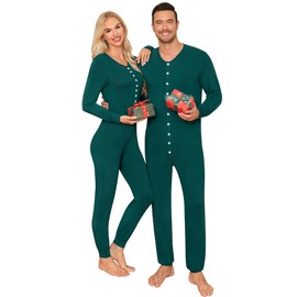 SWOMOG Matching Family Onesise Pajamas Christmas Long Sleeve PJ's Sets Holiday Button Nightwear Xmas Men&Women Sleepwear Set Green