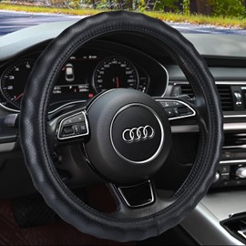 Haokay Heavy Duty Pure Cowhide Steering Wheel Cover, Black Genuine Leather Steering Wheel Cover Men Women Comfort Finger Grips Universal 14.5 to 15 Inch