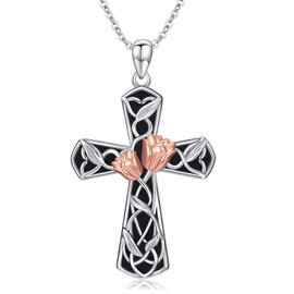 Suiknsn Tulip Necklace for Women 925 Sterling Silver Black Onyx Cross Pendant Necklaces Religious Christian Jewelry Birthday Graduation Gifts for Friend
