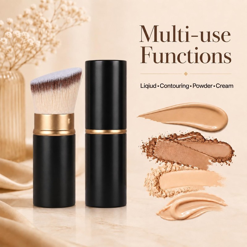 Retractable Angled Kabuki Makeup Brush - Vegan Adjustable Blush Tool