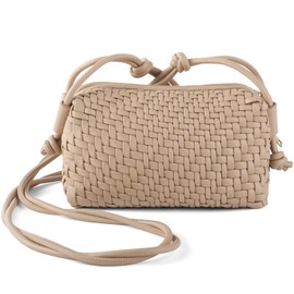 Hnycinj Woven Crossbody Bag Clutch Purse for Women,Small Vegan Leather Handmade Shoulderbag Handbag with Strap,Zipper Closure, Khaki, Small