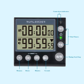 Runleader Digital Dual Kitchen Timer, Bakery Timer, Count Down/Count Up Timer with Magnetic Back, Independent Button, Aloud Alarm, Black(Not Included Battery)