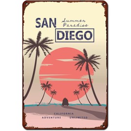 Summer Tin Sign San Diego California Summer Decor Retro Travel Cool Wall Art Tin Painting for Cafe Bar Gym Room Bathroom Kitchen Home Art Wall Decoration Plaque Gift 8x12 Inch