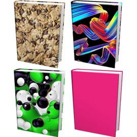 Easy Apply Stretchable Book Cover 4 Pack. 3 Design and 1 Solid Standard Jackets Fit Hardcover Textbooks Up to 8" x 10". Adhesive-Free, Nylon Fabric Protectors. Washable, Reusable Student School Supply