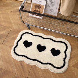 Bathroom Modern Rugs Non-Slip Black with White Mats Funny Heart Design Washable Bath Rugs Microfiber (WhiteB-Single Heart, 2'8"x1'8"(Oblong))