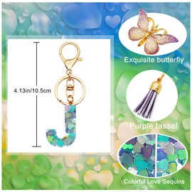 TTYY Initial Letter Keychains for Girls Women Pink Purple Green Cute Butterfly Heart Keychain for Backpack School Bag (purple heart Letter J)