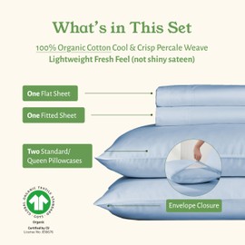 California Design Den Soft 100% Organic Cotton Queen Sheet Set - Crisp and Cool Percale, Deep Pocket Organic Cotton Sheets with Anti-Skid Elastic, Breathable and Durable Bedding Set - Light Blue