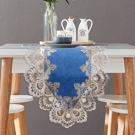 Vintage Lace Dining Table Runner, 120 Inches Floral Coffee Table Runners for Kitchen Home Christmas Party Decorations (16x120 inch, Blue)
