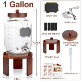 1 Gallon Glass Drink Dispenser with Wood Stand,Beverage Dispenser for Fridge with 18/8 Stainless Steel Leakproof Spigot & Wooden Lid,Drink Dispenser for milk,Parties,Lemonade Stand,Sun Tea,Weddings