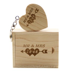 LXSINO 64GB Wood USB 3.0 Flash Drive with Laser Engraved Mr & Mrs Design - 64GB Wooden Heart Shape USB Memory Stick Thumb Drivers with Matching Box for Novelty Gift (Maple)