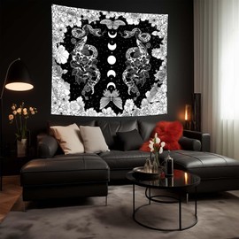 dueeia Moon Phase Witchy Tapestry Wall Hanging Snake Witch Occult Black and White Dark Tapestries for Bedroom Aesthetic Living Room Wall Decor (59.1"x51.2")