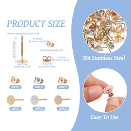 Craftdady 60Pcs 5mm Stainless Steel Earring Post and Backs Gold Silver Flat Pad Earring Blanks Studs Making Kit with Butterfly Backs for Women Crafts DIY Jewelry Making Supplies