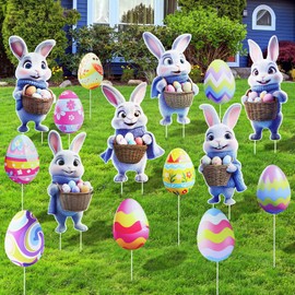 16 PCS Easter Yard Signs Decorations Outdoor, Easter Bunny Decorations and Easter Eggs Signs with Stakes, Easter Yard Decorations, Home Decor Garden Yard Decor Lawn Spring Signs