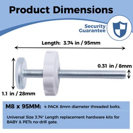 Flauzmann M8x95mm 4 Pack Baby Gate Screws Replacement (8mm Diameter) Universal Threaded Spindle Rods for Pressure Mounted Gates & Stairs Banister - White Tension Bolts