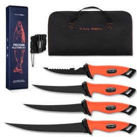TAN REN Fish Filet Knife Set – 5 PCS Stainless Steel Bait & Fillet Knives with Sharpener and Storage Bag, Fishing Knives Kit with Non-Slip Handle for Filleting, Boning, Fishing Gift for Men