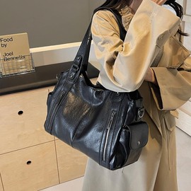Generish Women's Handbag, Soft Leather Tote Hobo Bag, Large Shopper Bag, Plain Bag, Vintage Bag, Brown Slouchy Shoulder Bag, Work Bag for School, Travel, black, 40 x 25 x 15 cm