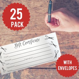 Scissors Gift Certificates (25, 4" X 9", envelopes Included) Stylists, Hairstylists, spa, Groomers, Salons